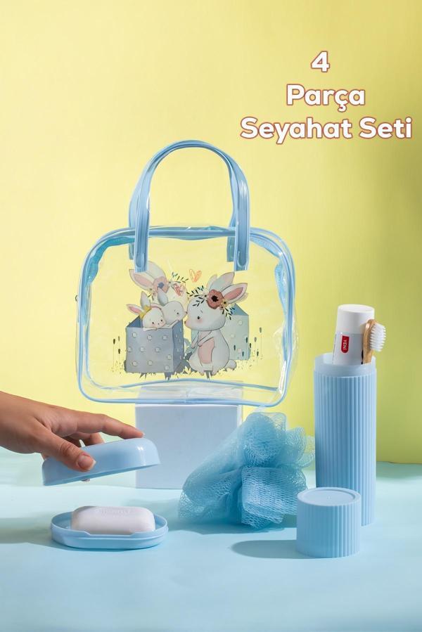 Porsima 3144 Tavşan Figürlü Seyahat Seti - Diş Fırçası Kutusu Banyo Lifi Sabun Kutusu Seyahat Çantası Mavi - Image 1