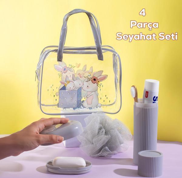 Porsima 3145 Tavşan Figürlü Seyahat Seti - Diş Fırçası Kutusu Banyo Lifi Sabun Kutusu Seyahat Çantası Gri - Image 1