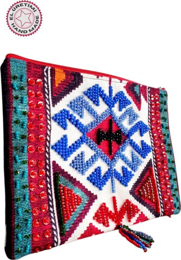 Uretti - Sümeyya 2589 2333 El Yapımı Etnik Kilim Desen Boncuk İşlemeli Siyah Püsküllü Clutch Çanta - Image 1