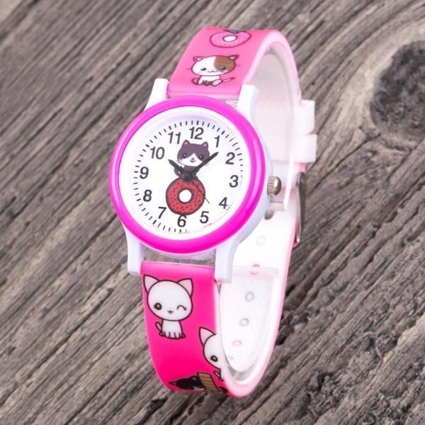Çocuk Kol Saati Pembe Silikon Kordon Kız Çocuk Kedi Desenli Rakamlı Analog ST-304340 - Image 1