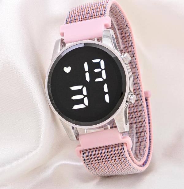 Pembe Renk Çelik Dijital Cırtlı Kanvas Kordon Led Kadın Kol Saati ST-304177 - Image 1