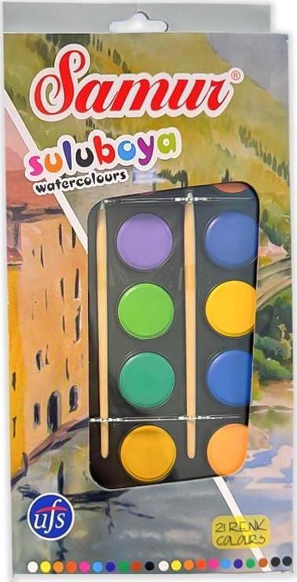 Samur Büyük Boy Sulu Boya 21 Renk 2li Fırça  - Image 1