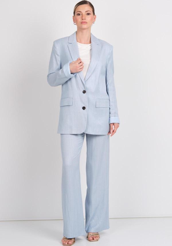 Ayhan Kadın Çizgili Düğmeli Keten Ceket 0860 Mavi - Image 1