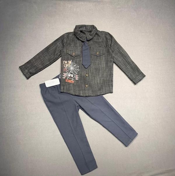 3-4-5 Yaş Kravatlı Keten Gömlek Gabardin Pantolon Uzun Kollu 3lü Erkek Çocuk Takımı Füme - Image 1