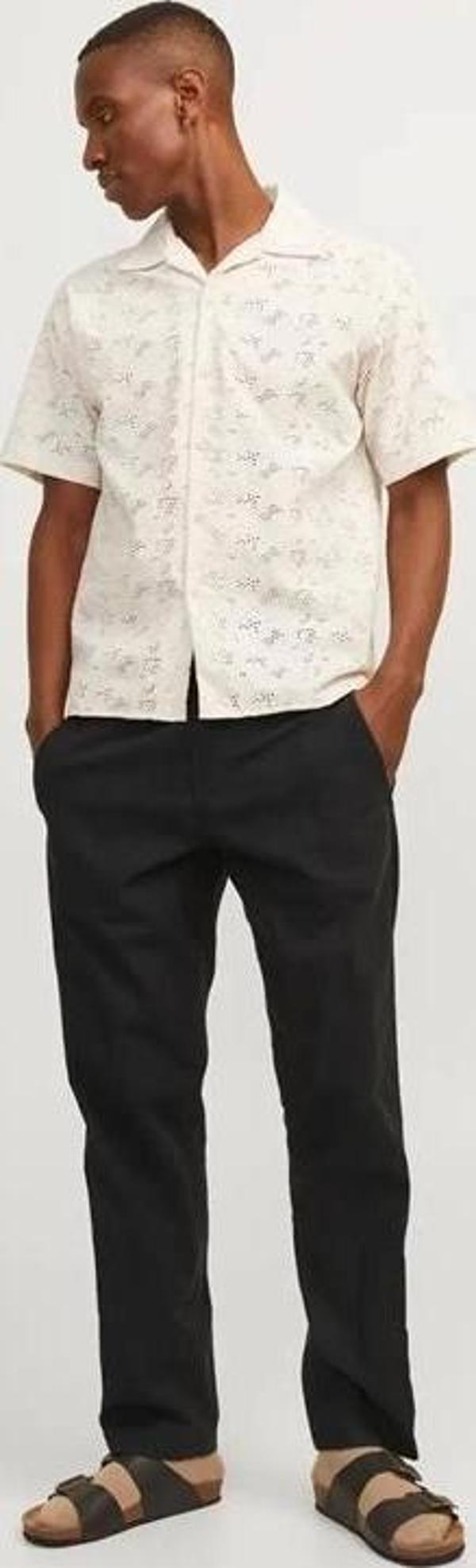 12248606 Relaxed Fıt Beli Lastikli Keten Jogger Erkek Pantolon Siyah - Image 1
