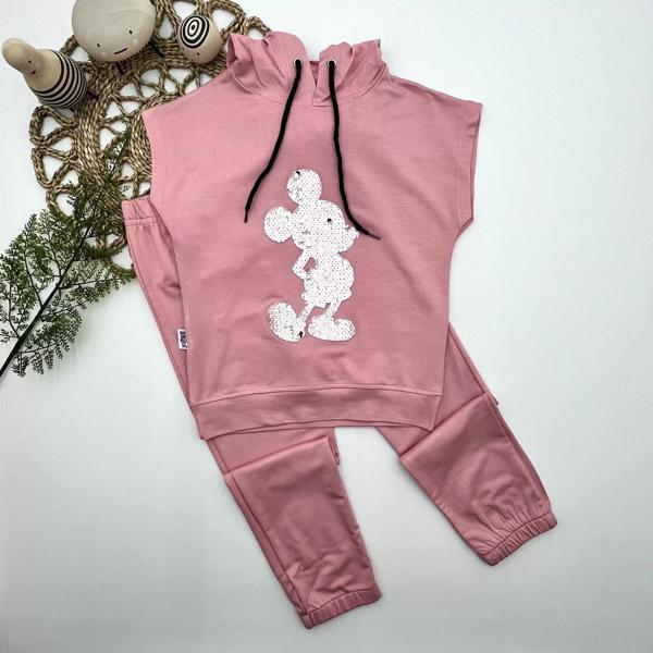 3-4-5 Yaş Kapşonlu Payetli Mickey Desenli Kısa Kol 2li Kız Erkek Çocuk Takımı Gül Kurusu - Image 1