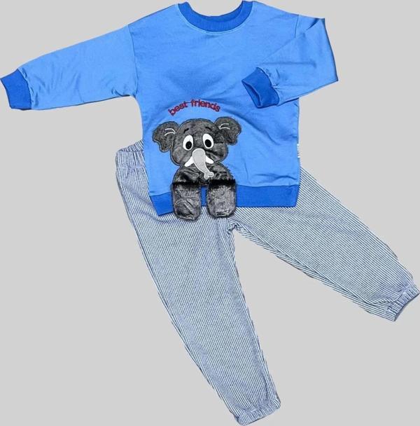 1-2-3 Yaş Filli Sallanan Ayak Desenli Likra Penye Kumaş Sweat Pantolonlu Kız Erkek 2li Çocuk Takımı  - Image 1