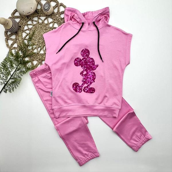 3-4-5 Yaş Kapşonlu Payetli Mickey Desenli Kısa Kol 2li Kız Erkek Çocuk Takımı Pembe - Image 1
