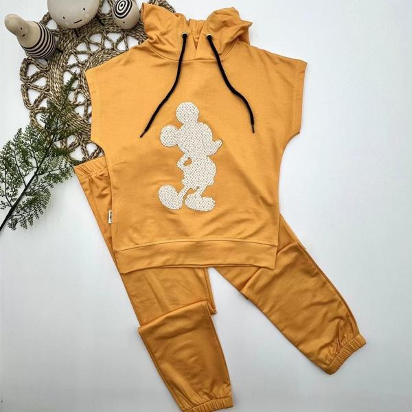 3-4-5 Yaş Kapşonlu Payetli Mickey Desenli Kısa Kol 2li Kız Erkek Çocuk Takımı Sarı - Image 1