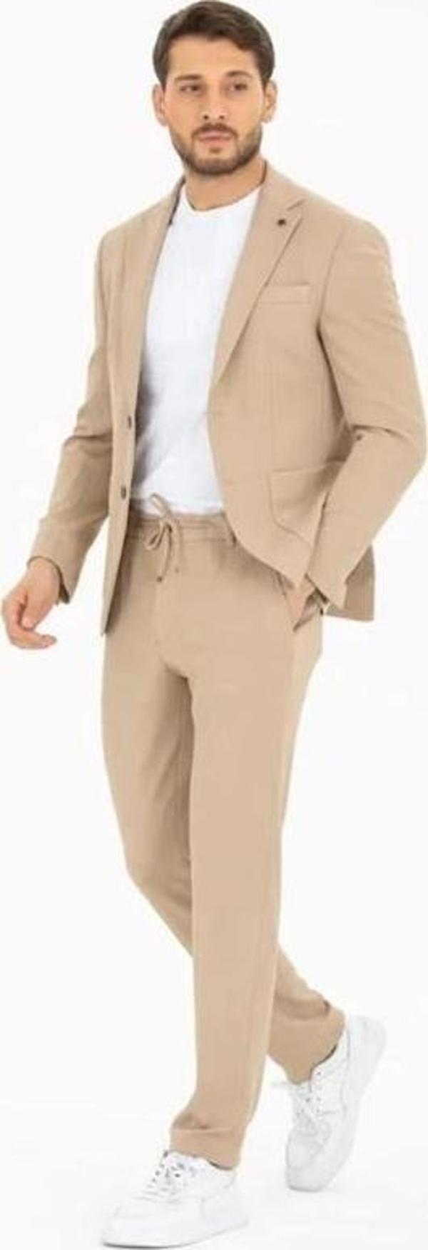 2534 Beli Lastikli Jogger Old Money Style Erkek Pantolon Bej - Image 1
