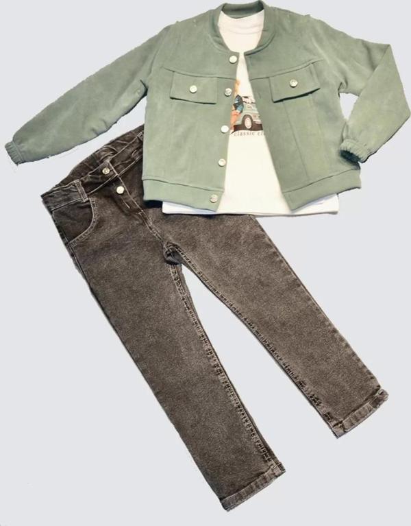 4-5-6 Yaş Kot Pantolonlu Nubukceketli Uzun Kollu Penye Sweat 3lü Erkek Çocuk Takımı Yeşil - Image 1