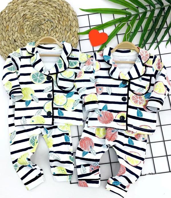 9-12-18-24 Ay Çizgili Meyve Desenli Düğme Kapamalı 2li Kız Erkek Bebek Pijama Takımı Sarı - Image 1