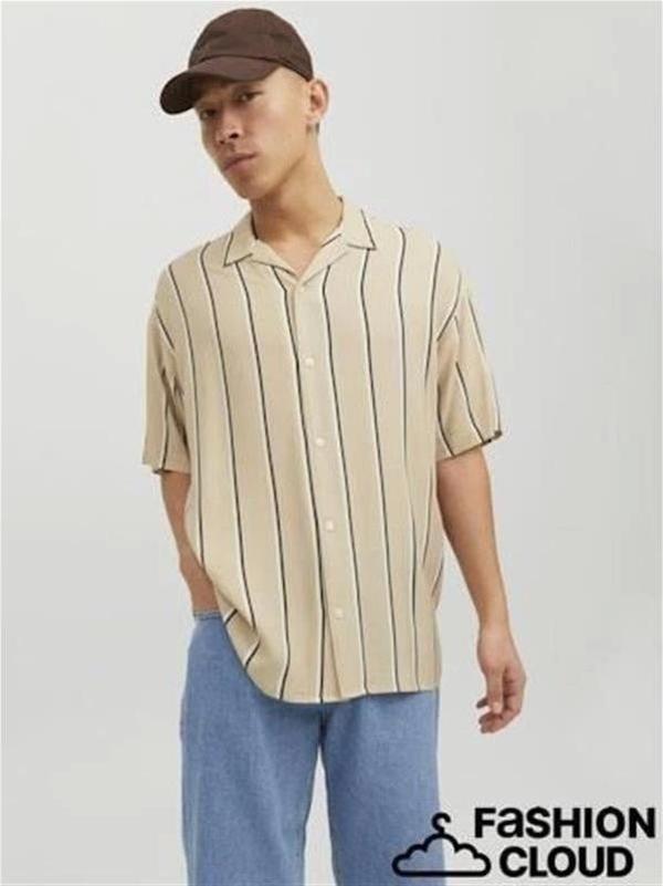 Çizgili Kısa Kollu Apaş Yaka Erkek Gömlek - Image 1