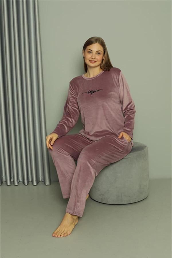 Celira Büyük Beden Kadın Kadife Mor Pijama Takım 20628 - Image 1