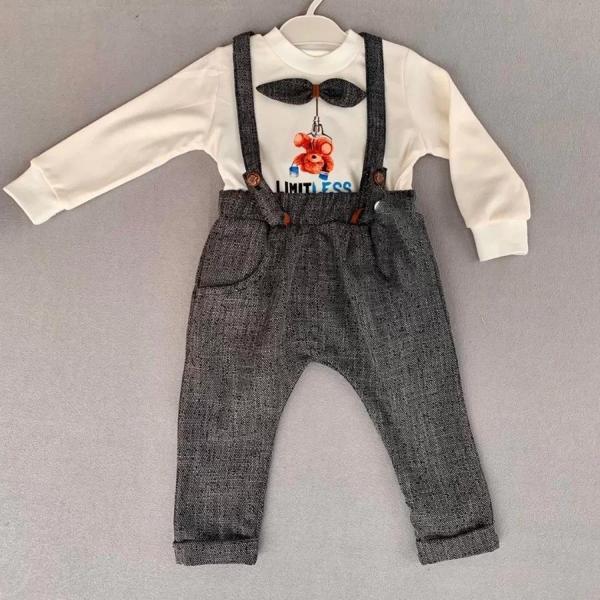 9-12-18 Ay Papyonlu Sweat Kot Pantolon 2li Erkek Bebek Salopet Takımı Gri - Image 1