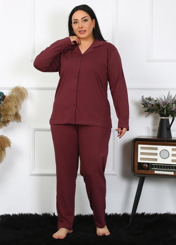 Celira Kadın Büyük Beden Pamuklu Cepli Düğmeli Mürdüm Pijama Takım 202401 - Image 1