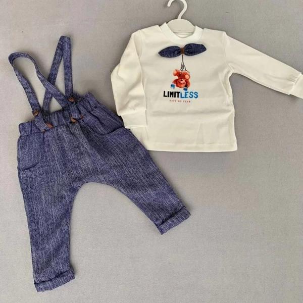9-12-18 Ay Papyonlu Sweat Kot Pantolon 2li Erkek Bebek Salopet Takımı Lacivert - Image 1