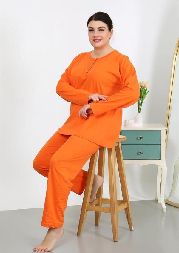 Celira Kadın Büyük Beden Uzun Kol Penye Pijama Takımı Turuncu - Image 1