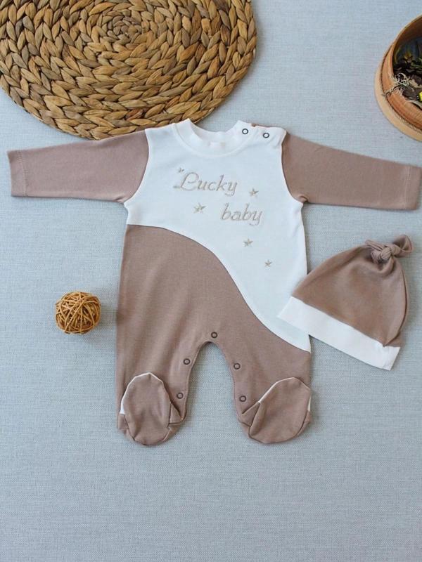 0-3 3-6 Ay Lucky Baby Nakışlı Es Çizgi Boy Şapkalı Erkek Bebek Tulumu Kahverengi - Image 1