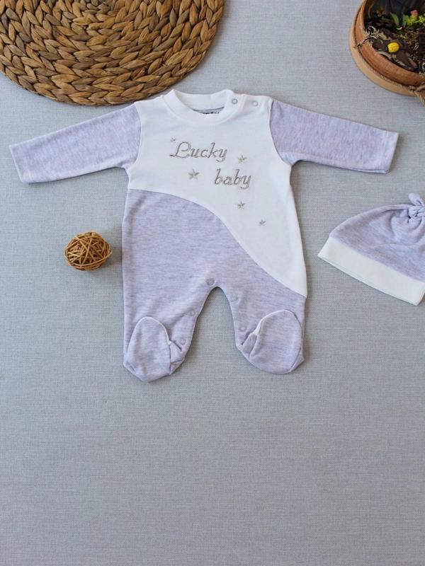 0-3 3-6 Ay Lucky Baby Nakışlı Es Çizgi Boy Şapkalı Erkek Bebek Tulumu Kahvemelanj - Image 1