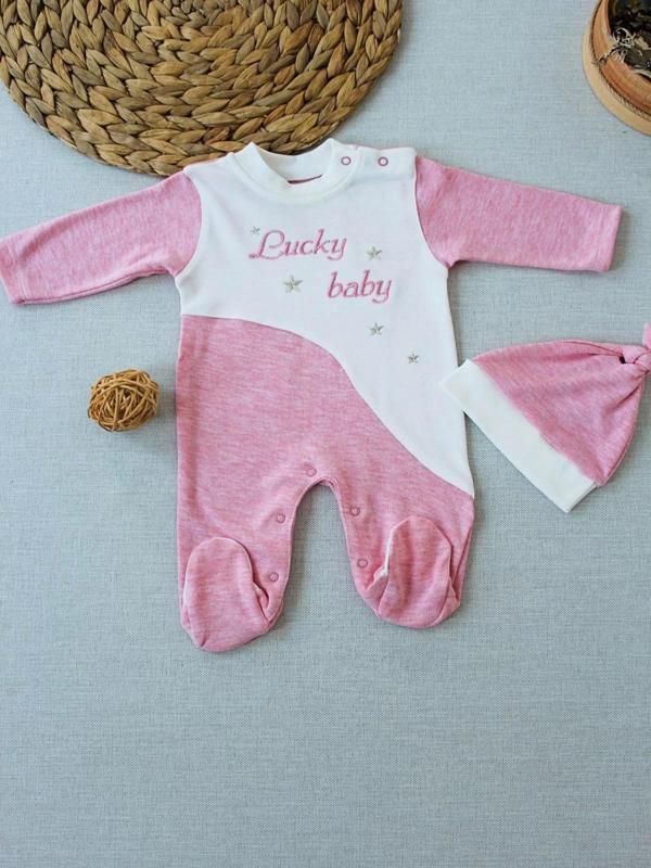 0-3 3-6 Ay Lucky Baby Nakışlı Es Çizgi Boy Şapkalı Kız Bebek Tulumu Pembe - Image 1