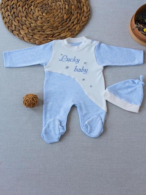 0-3 3-6 Ay Lucky Baby Nakışlı Es Çizgi Boy Şapkalı Erkek Bebek Tulumu Mavi - Image 1