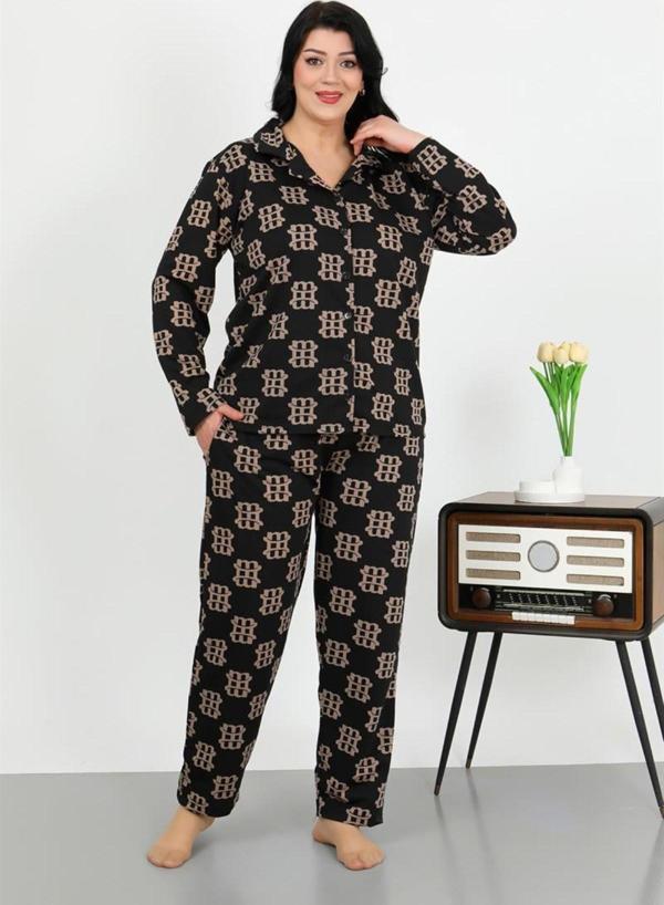 Celira Kadın Büyük Beden Pamuklu Cepli Düğmeli Siyah Pijama Takım - Image 1