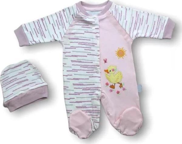 0-3 3-6 6-9 Ay Süslü Ördek Nakışlı Şapkalı Kız Bebek Tulumu Pembe - Image 1