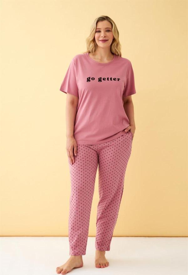 Celira Kadın Somon Go Getter Yazılı Büyük Beden Pijama Takımı - Image 1