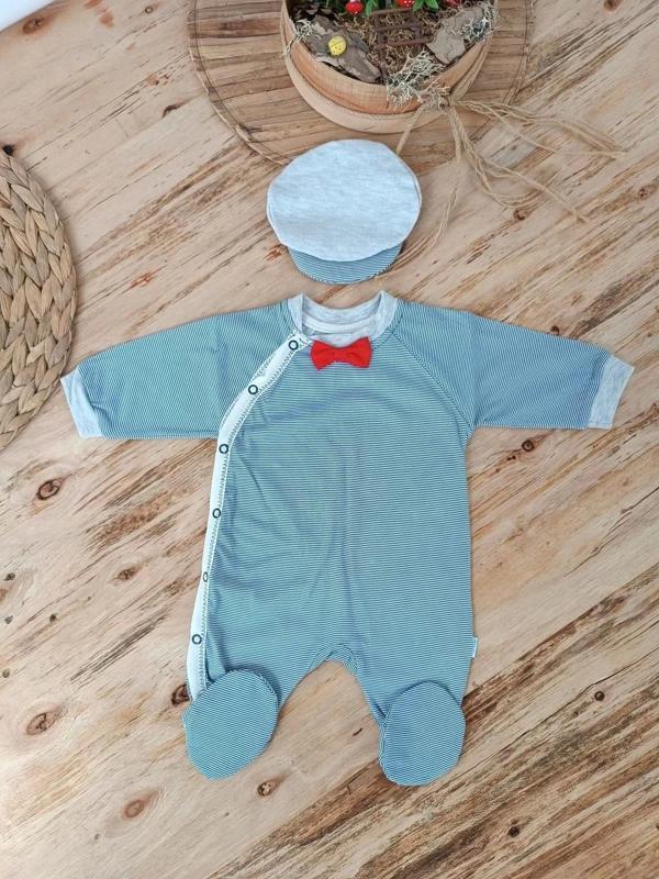 0-3 3-6 Ay Papyonlu Çizgi Desen Çıtçıt Kapama Kasketli Erkek Bebek Tulumu Lacivert - Image 1