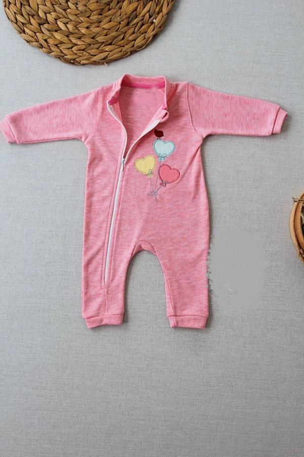 3-6 18-24 24-36 Ay Uçan Balonlar Nakışlı Ef Boy Fermuarlı Kız Bebek Tulumu Pembe - Image 1