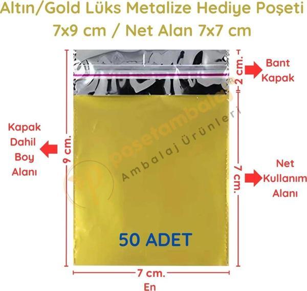 7x9 cm Altın Renk Bantlı Lüks Metalize Hediyelik Poşet (50 Adet) - Image 1