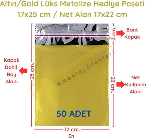 17x25 cm Altın Renk Bantlı Lüks Metalize Hediyelik Poşet (50 Adet) - Image 1