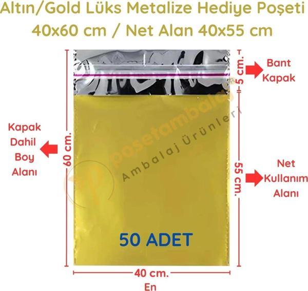 40x60 cm Altın Renk Bantlı Lüks Metalize Hediyelik Poşet (50 Adet) - Image 1