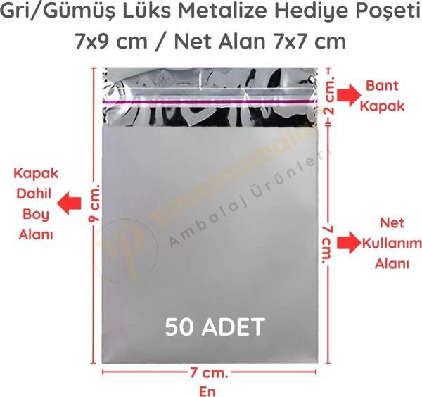 7x9 cm Gümüş Renk Bantlı Lüks Metalize Hediyelik Poşet (50 Adet) - Image 1