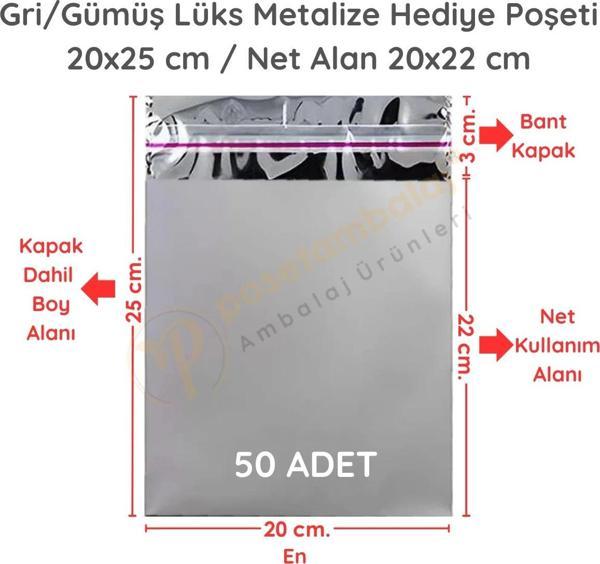 20x25 cm Gümüş Renk Bantlı Lüks Metalize Hediyelik Poşet (50 Adet) - Image 1