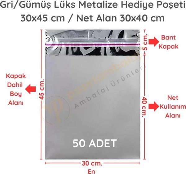 30x45 cm Gümüş Renk Bantlı Lüks Metalize Hediyelik Poşet (50 Adet) - Image 1