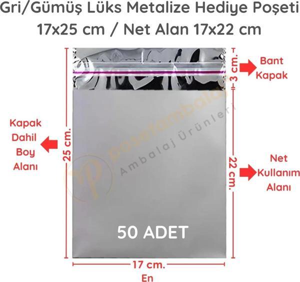 17x25 cm Gümüş Renk Bantlı Lüks Metalize Hediyelik Poşet (50 Adet) - Image 1
