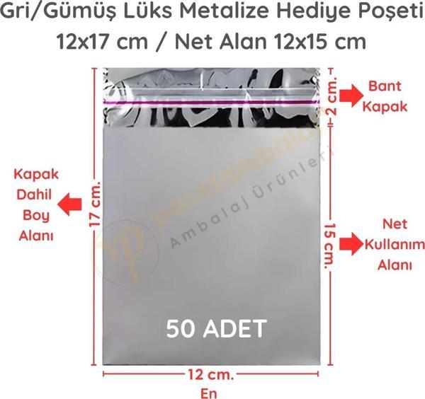 12x17 cm Gümüş Renk Bantlı Lüks Metalize Hediyelik Poşet (50 Adet) - Image 1