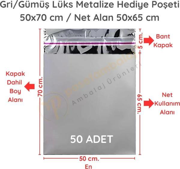 50x70 cm Gümüş Renk Bantlı Lüks Metalize Hediyelik Poşet (50 Adet) - Image 1