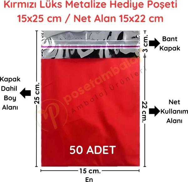 15x25 cm Kırmızı Renk Bantlı Lüks Metalize Hediyelik Poşet (50 Adet) - Image 1