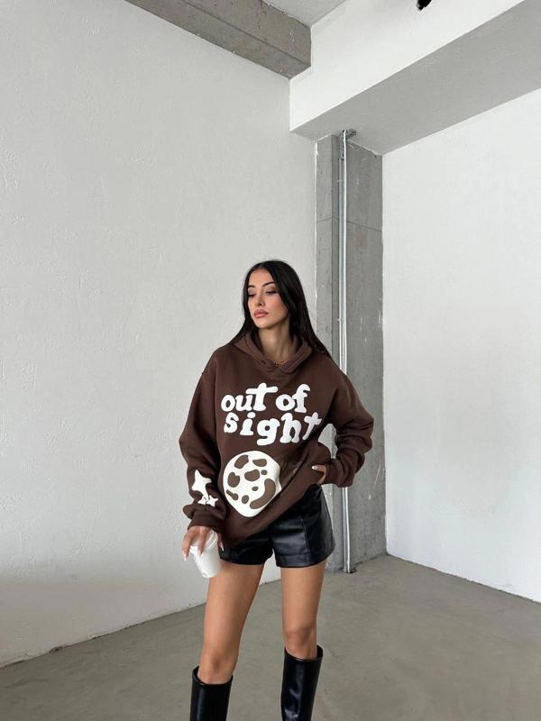 3 iplik şardonlu oversize compact out of baskılı sweat kahve - Image 1