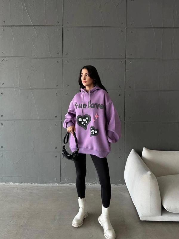3 iplik şardonlu oversize compact true baskılı sweat mor - Image 1