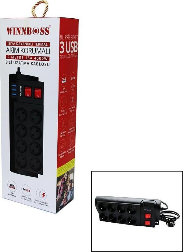 TERMAL AKIM KORUMALI 16A 8Lİ PRİZ 3XUSB 2MT ANAHTARLI UZATMA KABLO SİYAH-Findit - Image 1
