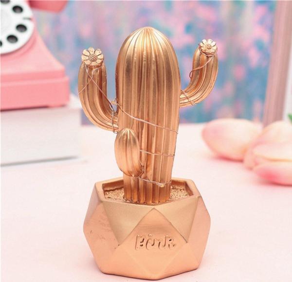 Led Işıklı Sevimli Kaktüs Dekoratif Masa Lambası Mini Biblo Gece Lambası-GOLD-Findit - Image 1