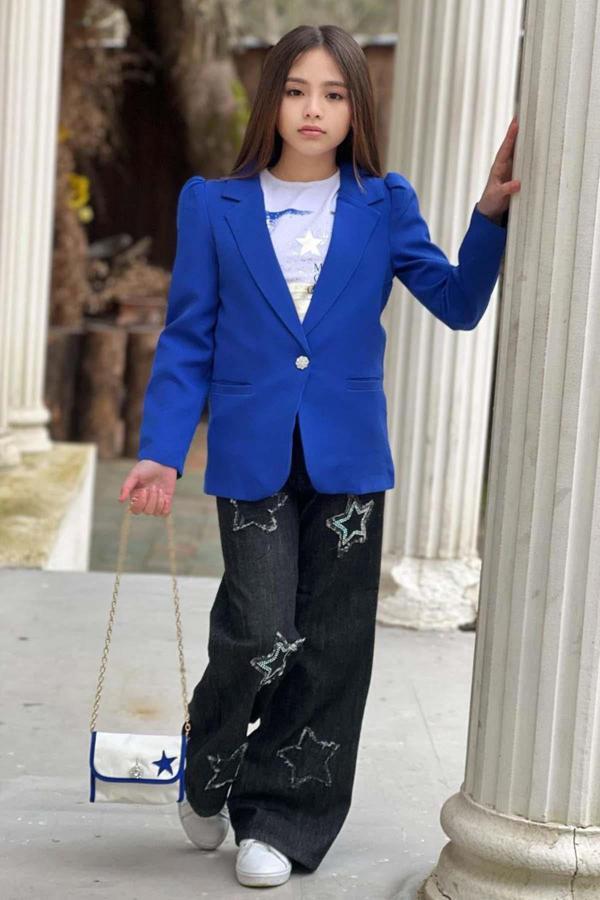 Kız Çocuk Baskılı T-shirt Bol Kesim Yıldız Detaylı Jean Pantolon Mavi Blazer Ceket Alt Üst Takım - Image 1