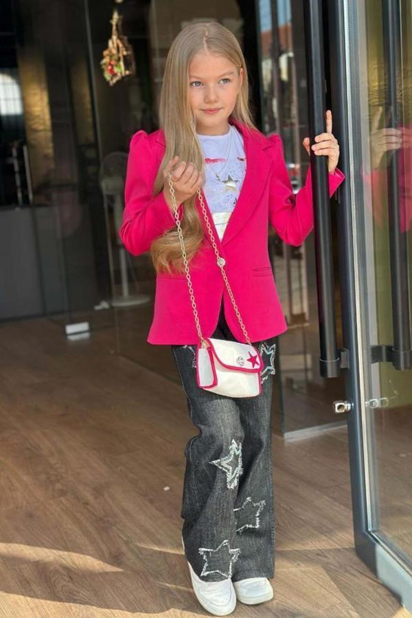 Kız Çocuk Baskılı T-shirt Bol Kesim Yıldız Detaylı Jean Pantolon Fuşya Blazer Ceket Alt Üst Takım - Image 1