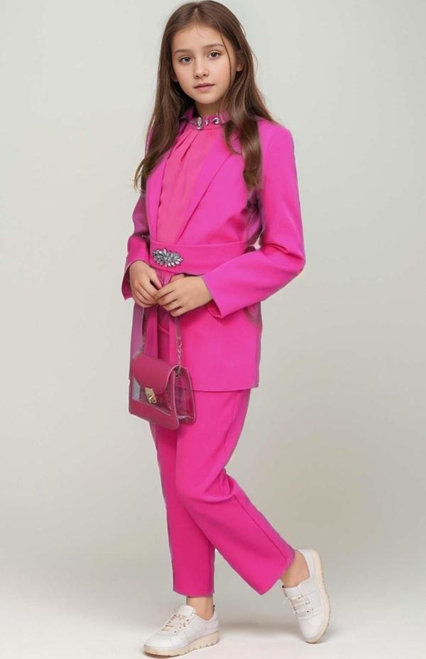 Kız Çocuk Yakası Taş İşlemeli Kolsuz Bluz Kemerli Blazer Ceket Pantolon Fuşya Alt Üst Takım - Image 1