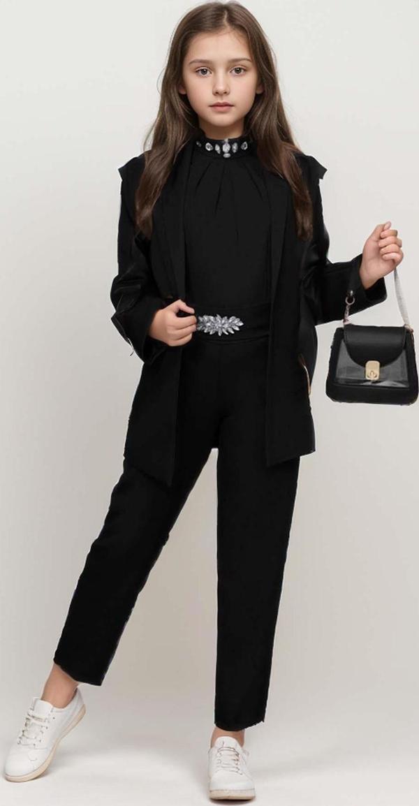 Kız Çocuk Yakası Taş İşlemeli Kolsuz Bluz Kemerli Blazer Ceket Pantolon Black Alt Üst Takım - Image 1