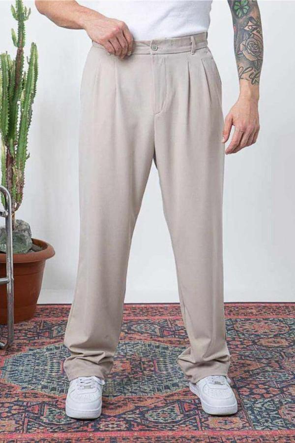 Çift Pileli Arka Beli Lastikli Geniş Paça Baggy Yazlık Kumaş Pantolon - Image 1